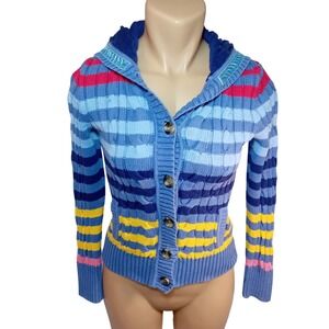 Vintage Junior Y2K Tommy Hilfiger Striped Hood Cardigan Sweater Preppy Coastal L